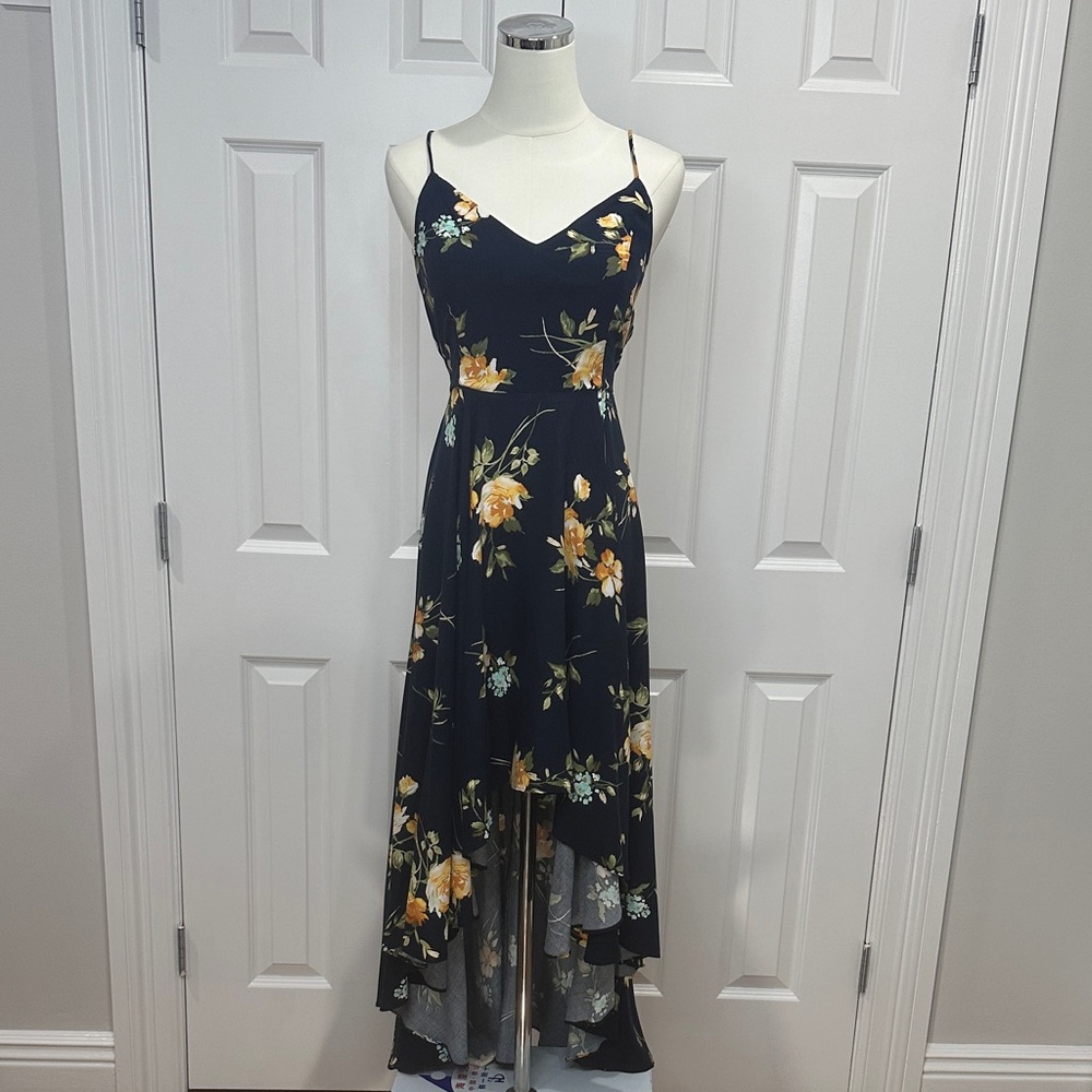 Lulus Best Times Navy Blue Floral High Low Hem Lace-Up Back Boho Dress Size M